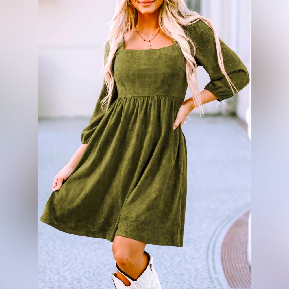 Suede Square Neck Puff Sleeve Dress